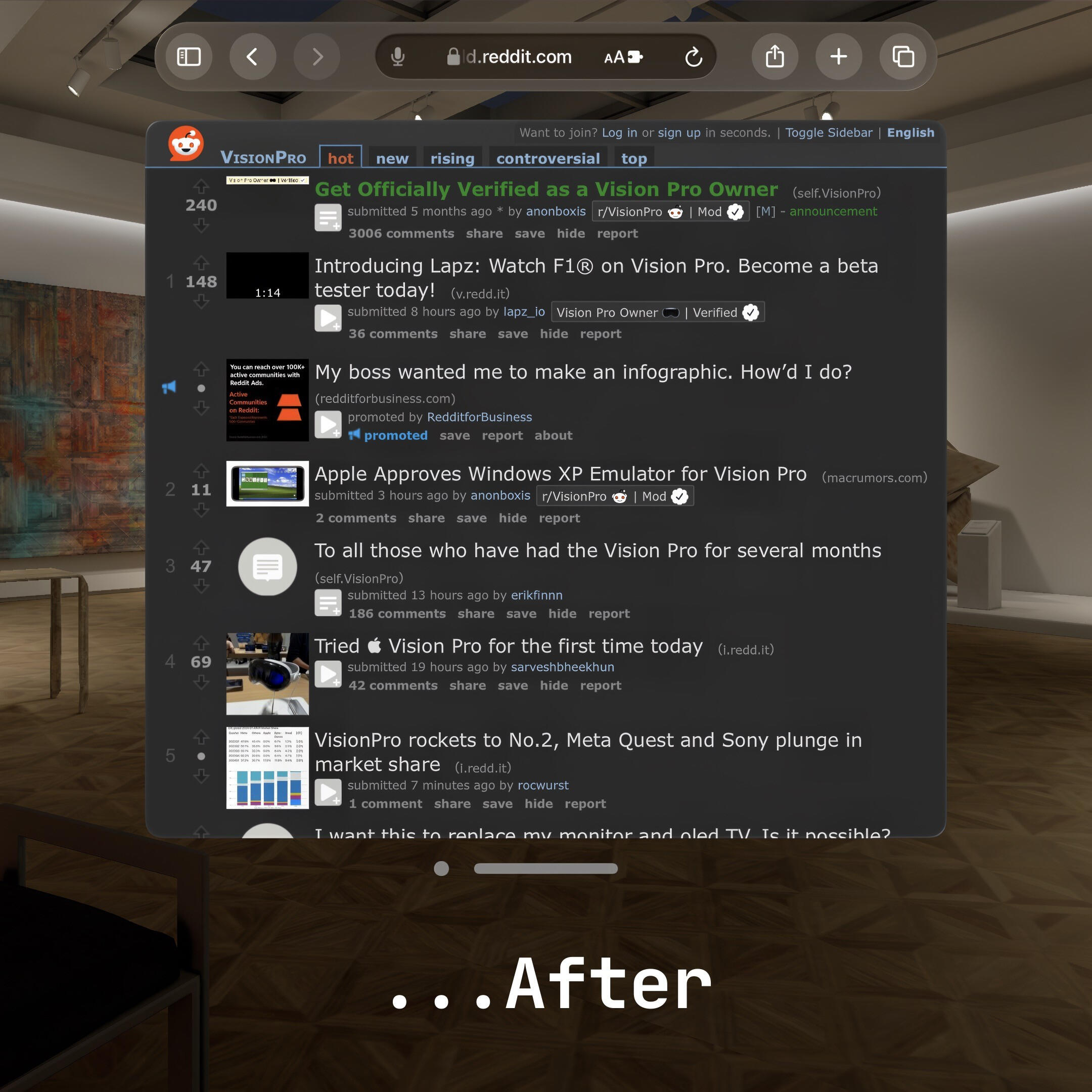 After: old.reddit.com updated with a dark mode, slightly zoomed page, removed sidebar, and various other enhancements